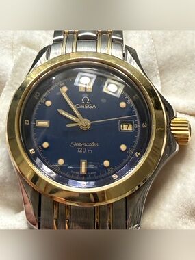 Omega Seamaster 120m Two-Tone 18k Gold & Steel Ladies Watch Box & Papers 7.5-8"